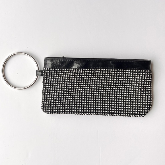 Chateau Handbags - Black Patent Rhinestone Wristlet Clutch w/ Silver Hardware Small Sparkle Purse